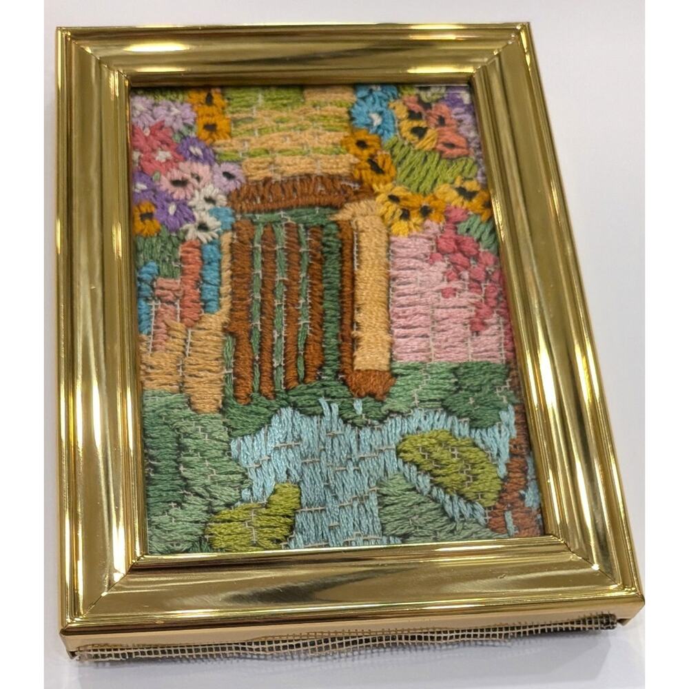 Vtg Miniature Needlepoint Wall Art Cottagecore Garden Gate Floral Brass Framed